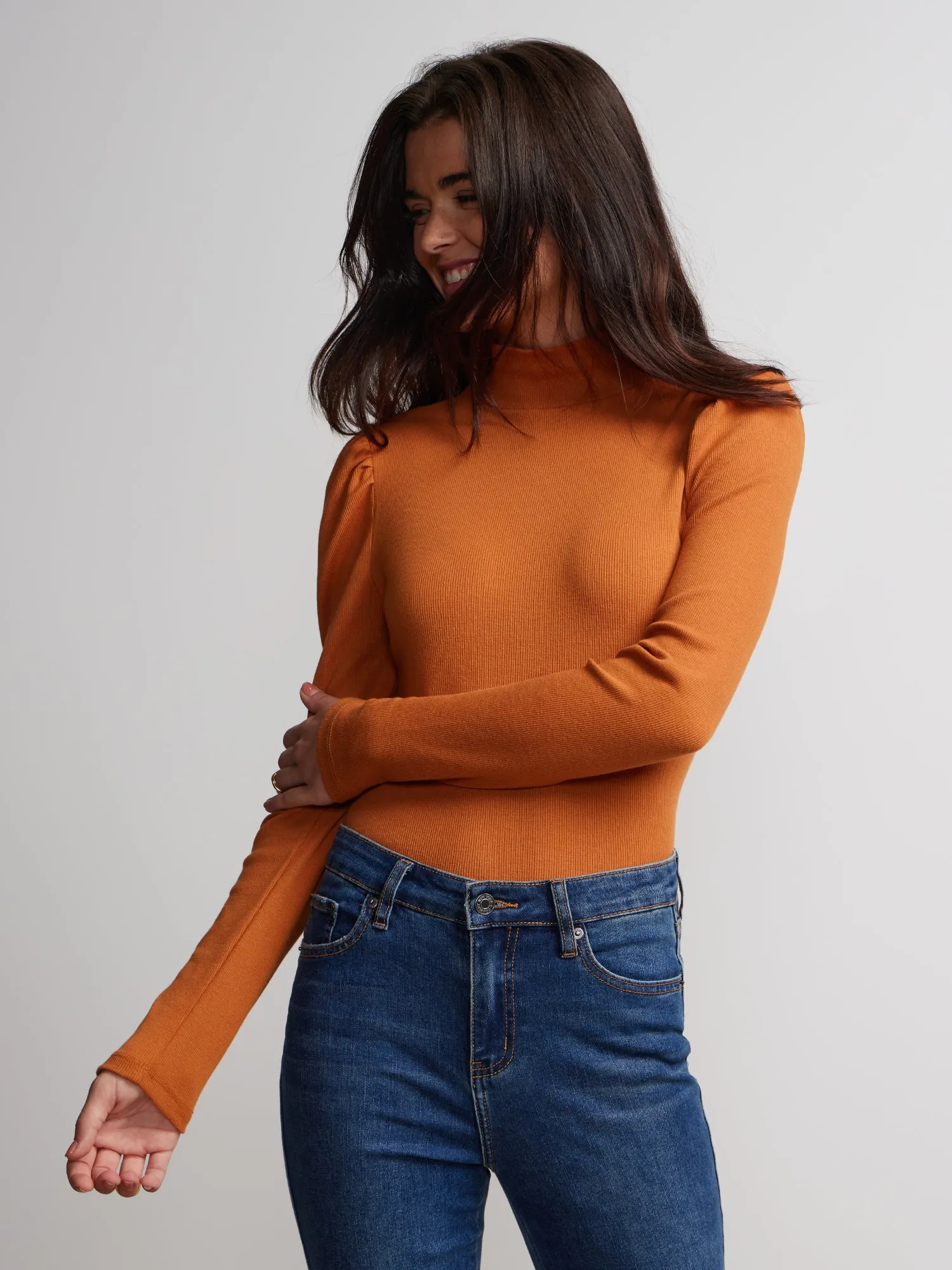 Long Puff Sleeve Ribbed Top