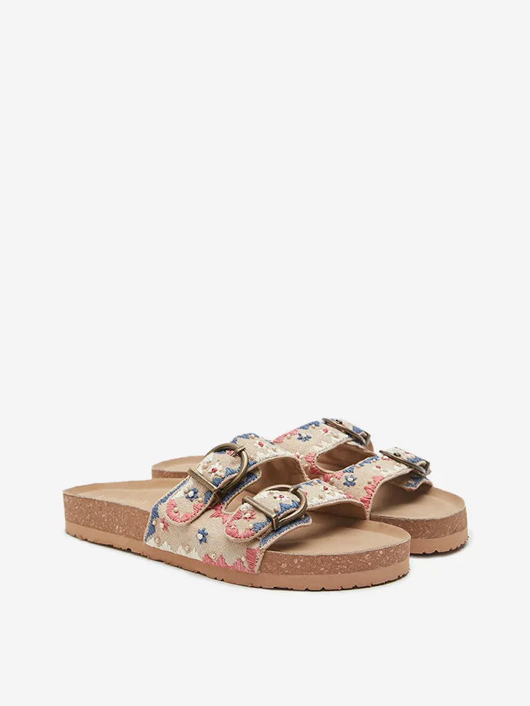 LUNA BLU Beige Embroidered Slides