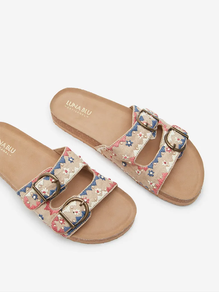 LUNA BLU Beige Embroidered Slides