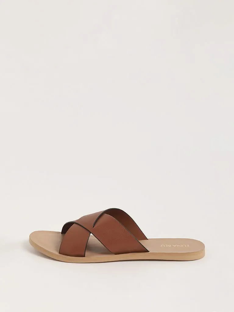 LUNA BLU Tan Cross Straps Slides