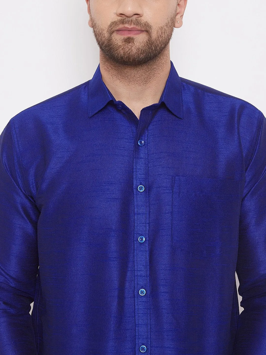 Men's Blue Cotton Silk Blend Ethnic Shirt - Vastramay