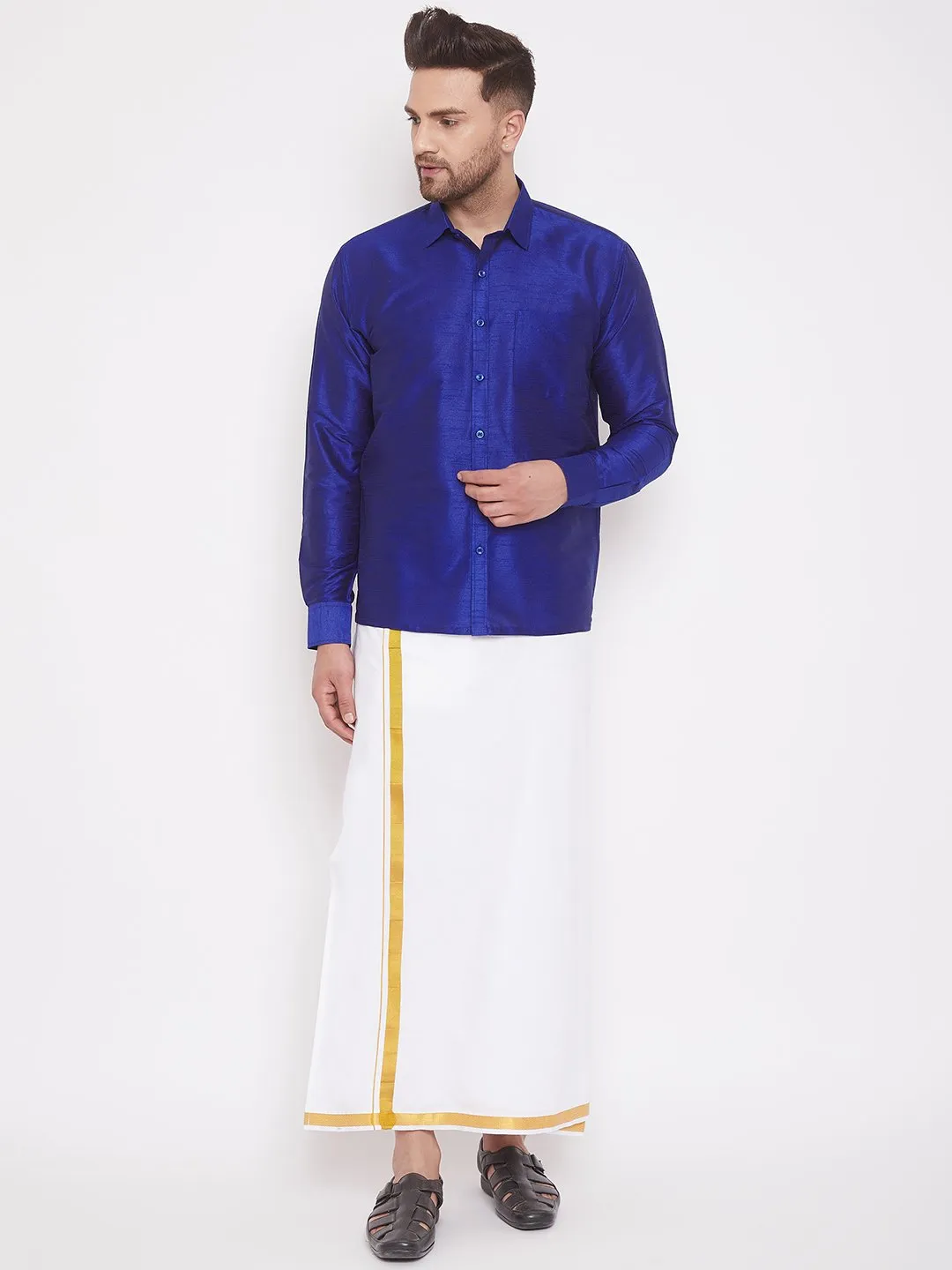 Men's Blue Cotton Silk Blend Ethnic Shirt - Vastramay