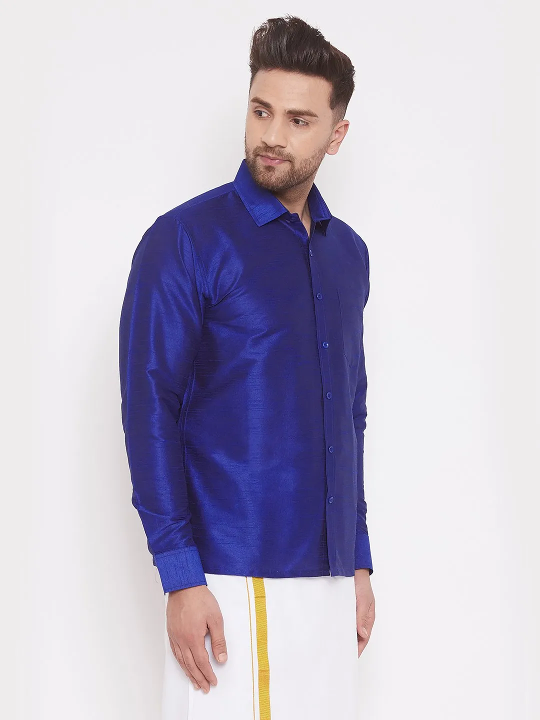 Men's Blue Cotton Silk Blend Ethnic Shirt - Vastramay