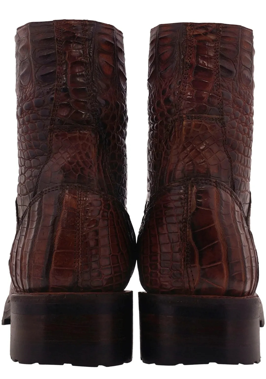 Men's Cognac Full Alligator Skin Leather Motorcycle Boots Round