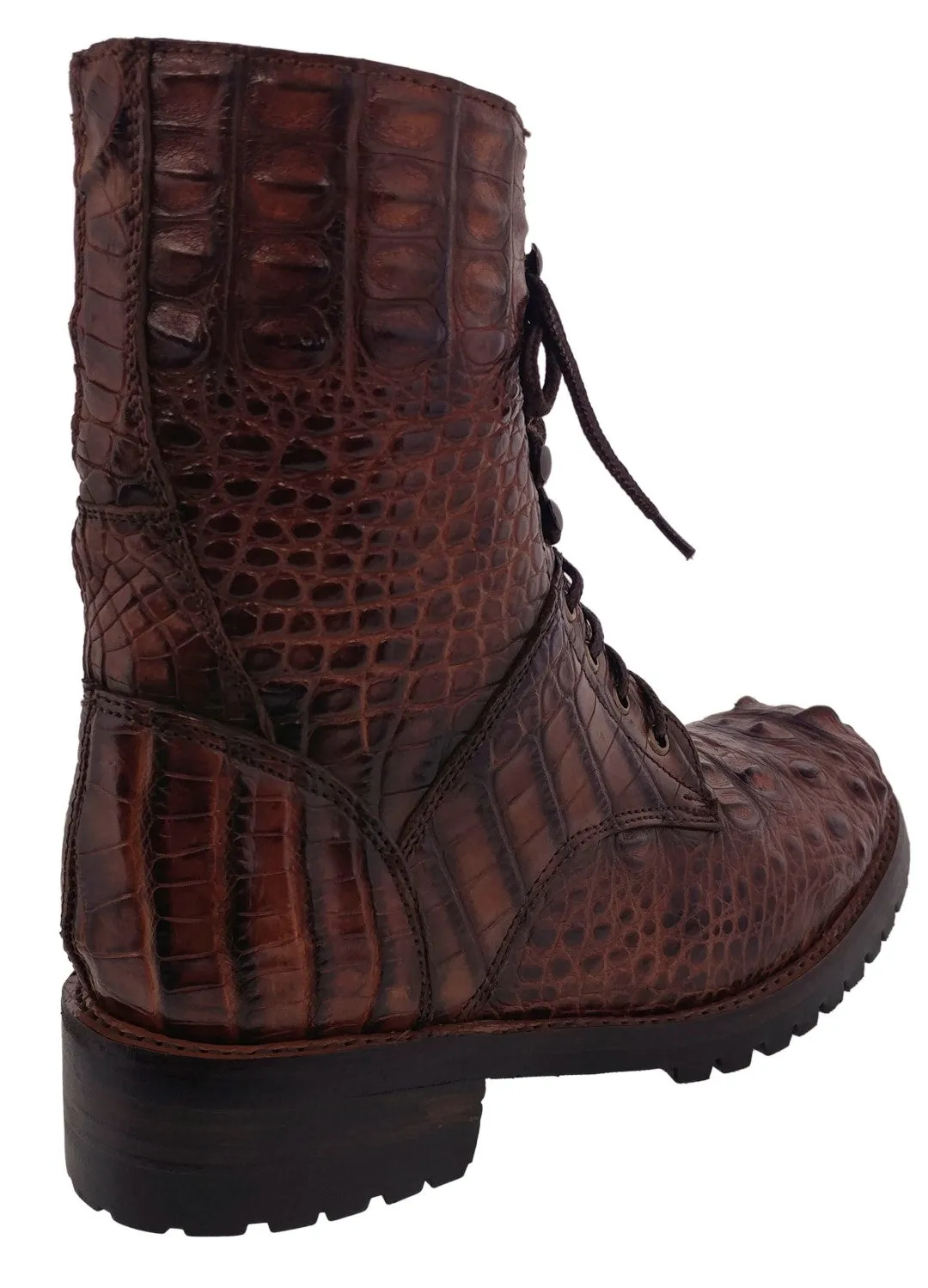 Men's Cognac Full Alligator Skin Leather Motorcycle Boots Round