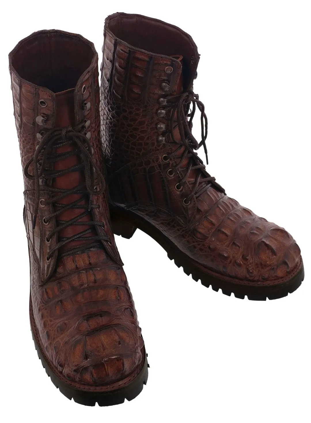 Men's Cognac Full Alligator Skin Leather Motorcycle Boots Round