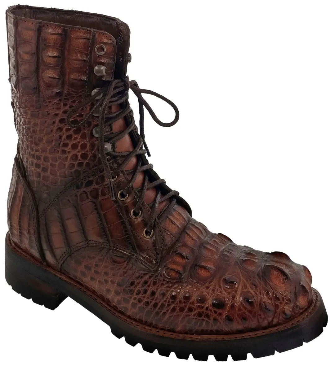 Men's Cognac Full Alligator Skin Leather Motorcycle Boots Round