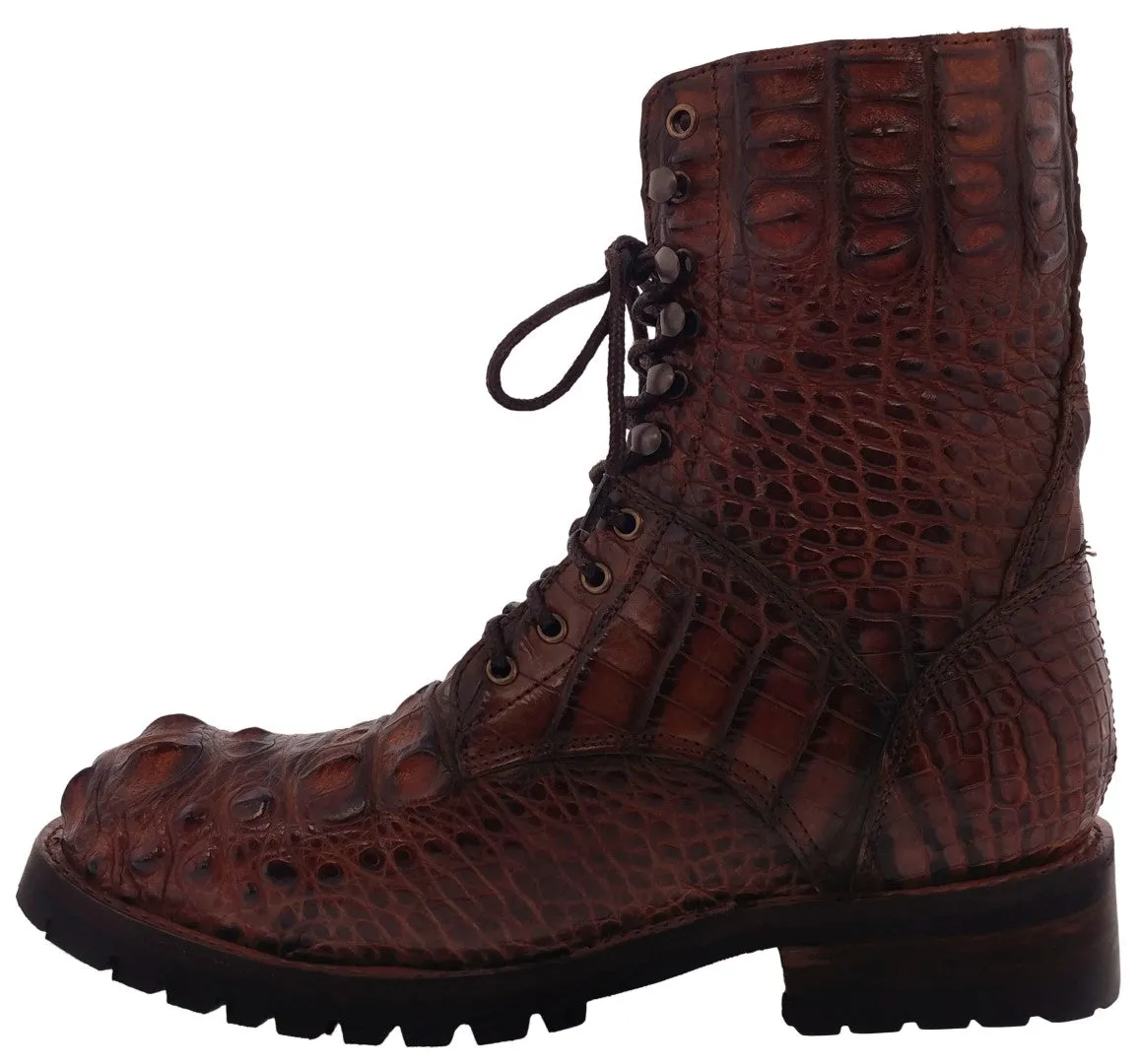 Men's Cognac Full Alligator Skin Leather Motorcycle Boots Round