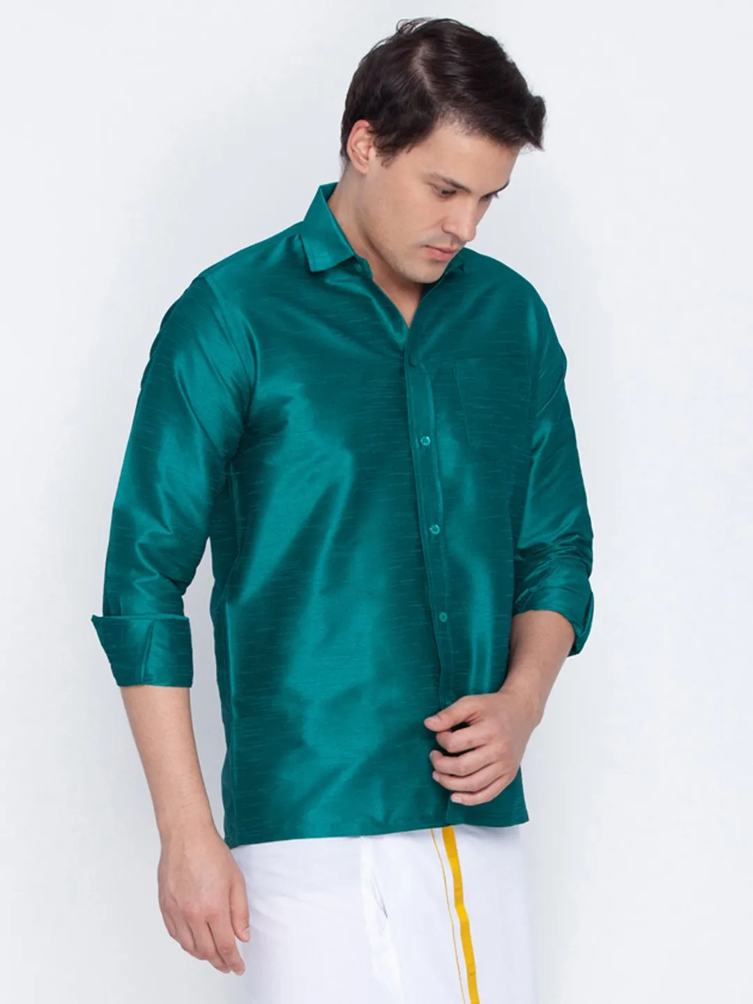 Men's Green Cotton Silk Blend Ethnic Shirt - Vastramay