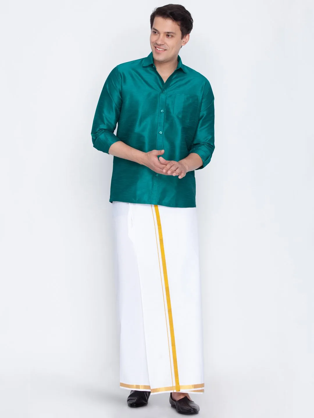 Men's Green Cotton Silk Blend Ethnic Shirt - Vastramay