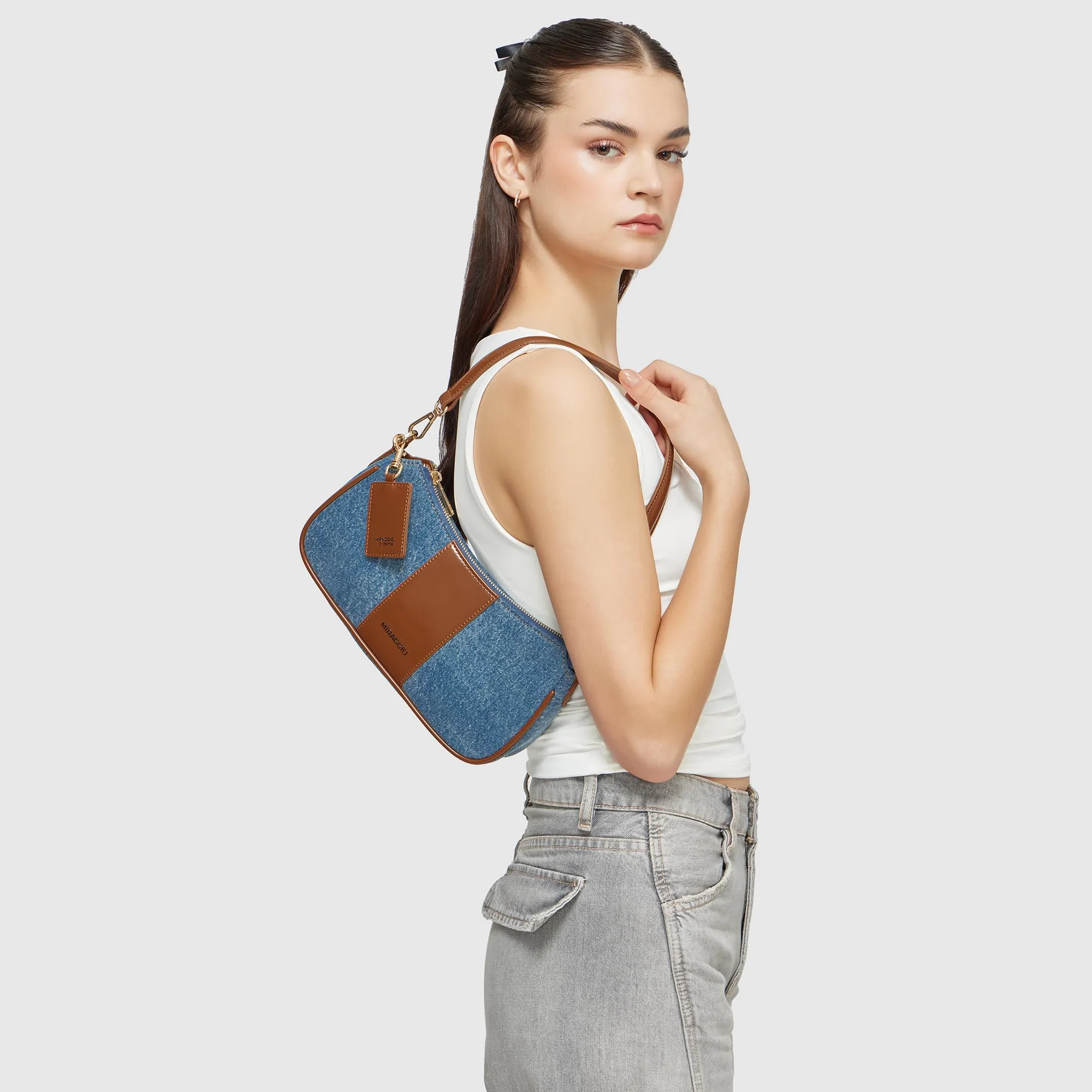 Miraggio Bella Denim Shoulder Bag with Adjustable & Detachable Sling/Crossbody Strap for Women (Denim & Brown)