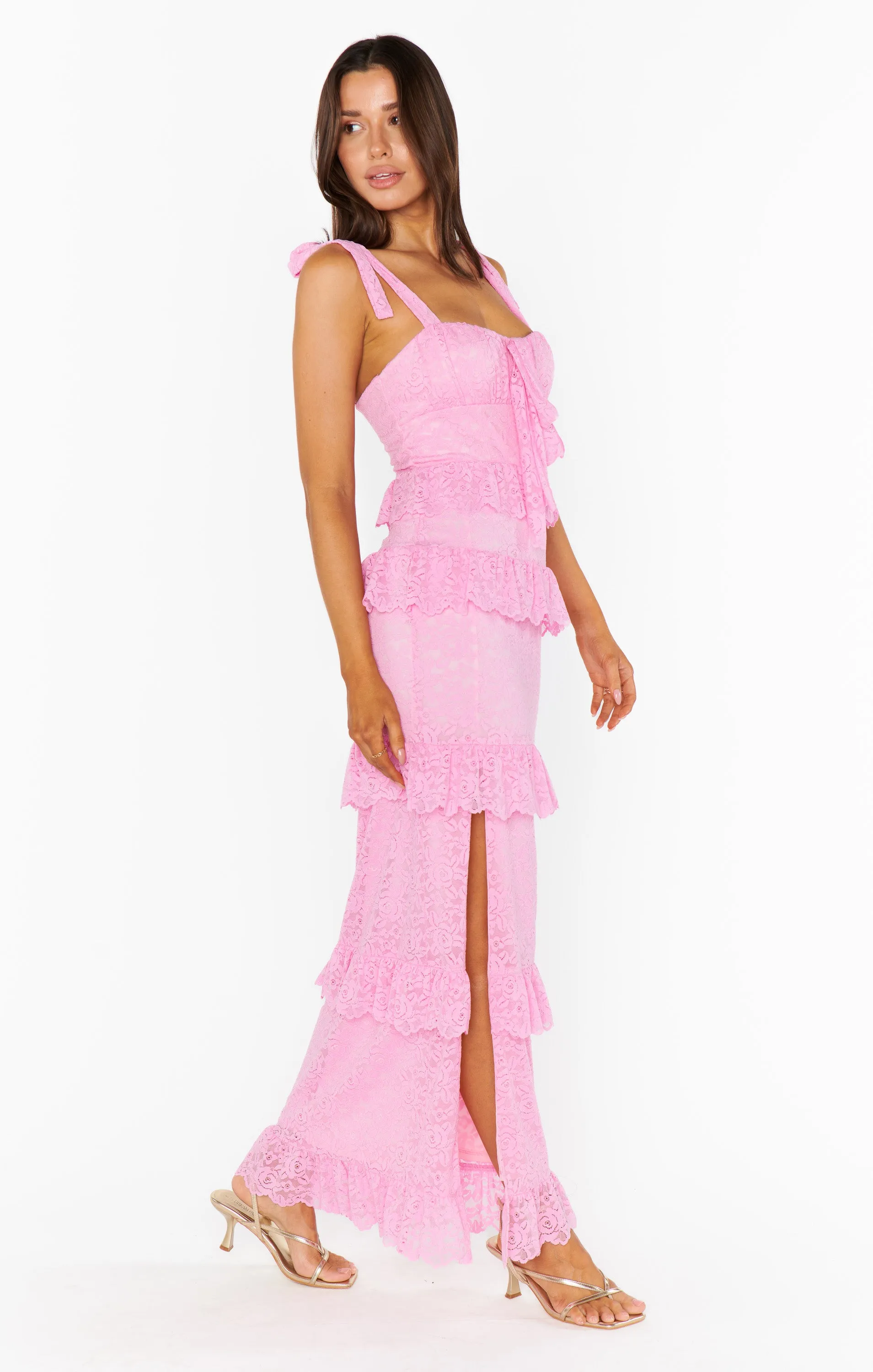 Monique Tie Maxi Dress ~ Pink Lovely Lace