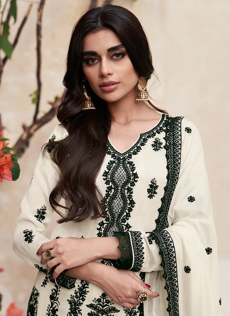 Off White Embroidery Traditional Palazzo Suit