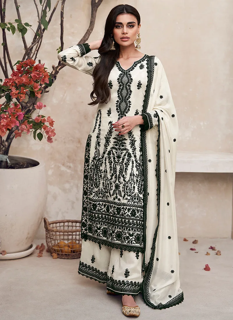 Off White Embroidery Traditional Palazzo Suit