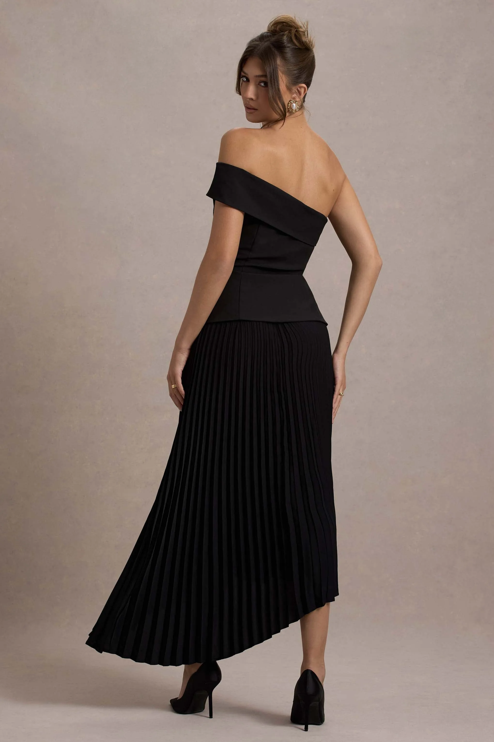 Pauline | Black Bardot Tailored Maxi Dress With Plisse Skirt