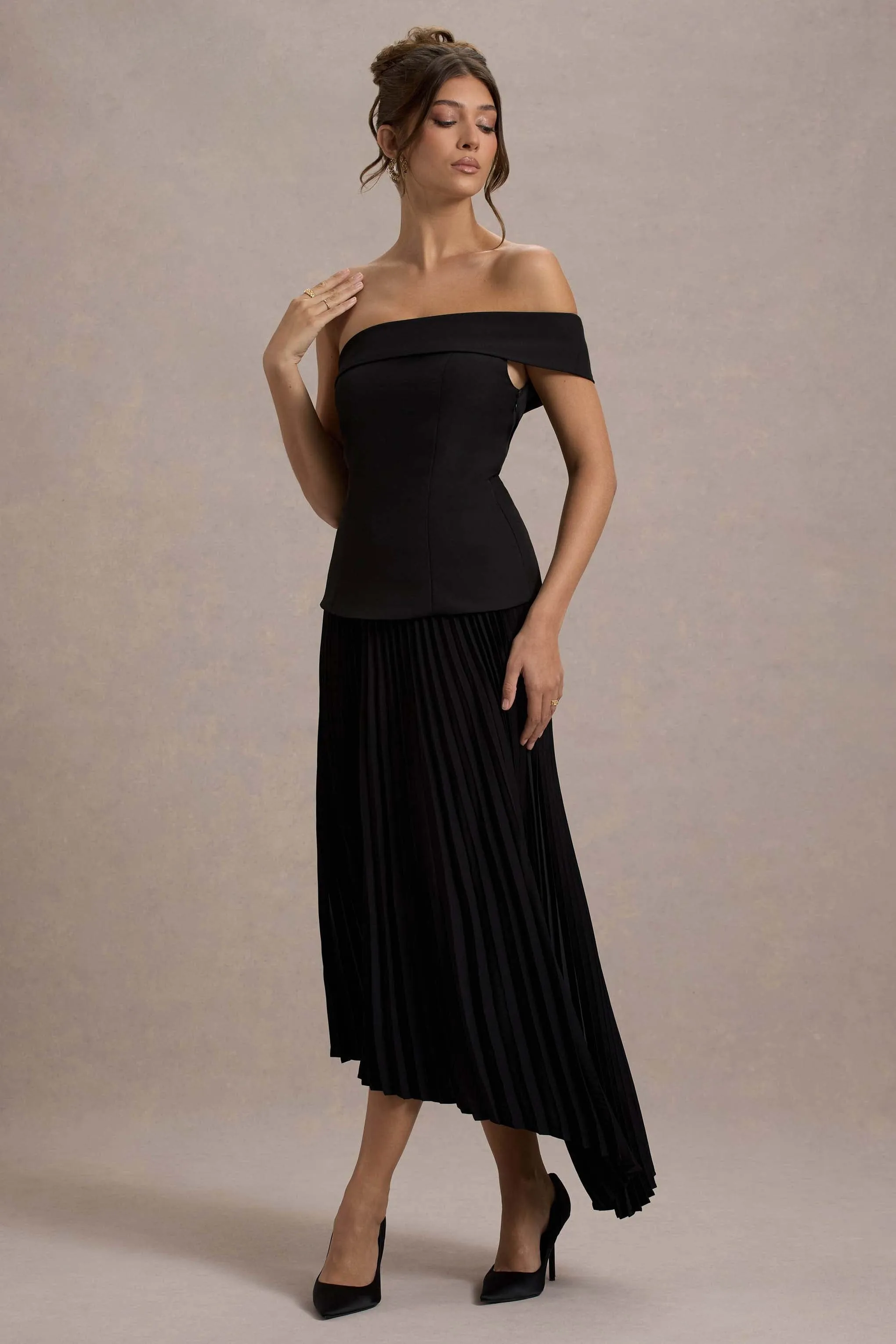 Pauline | Black Bardot Tailored Maxi Dress With Plisse Skirt