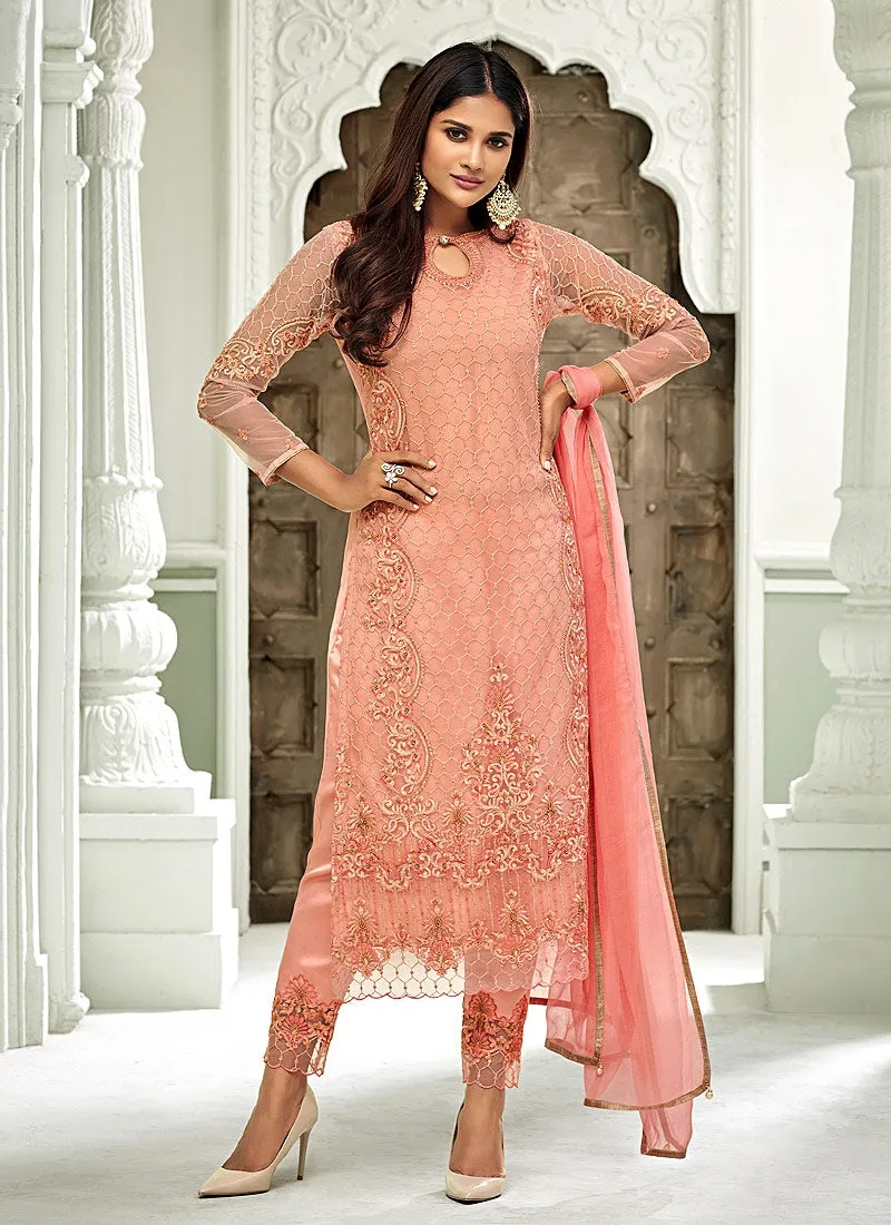 Peach Pakistani Embroidered Pant Suit