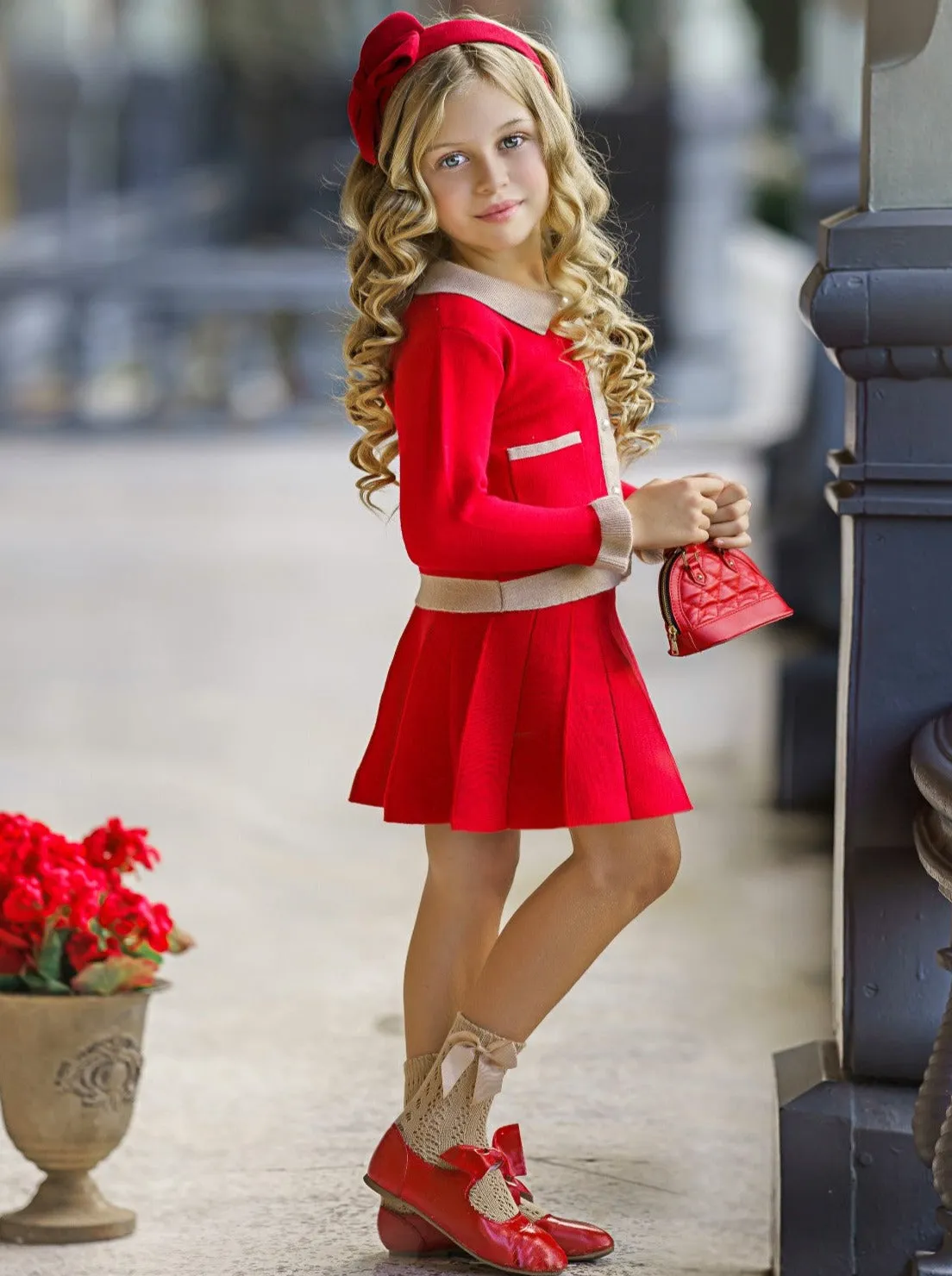 Pearl Girl Red Cardigan And Skirt Set