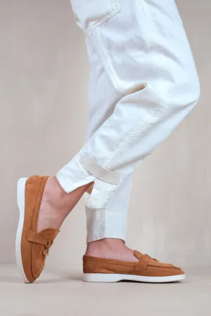 PEGASUS SLIP ON TRIM LOAFERS WITH ACCESSORY DETAILING IN CAMEL SUEDE