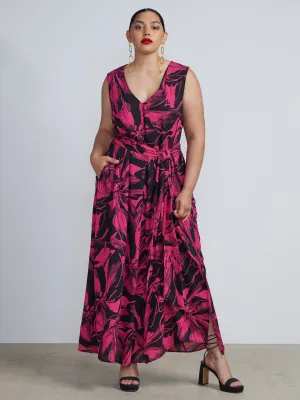 Plus Printed Front Tie V-neck Sleeveless Maxi Dress