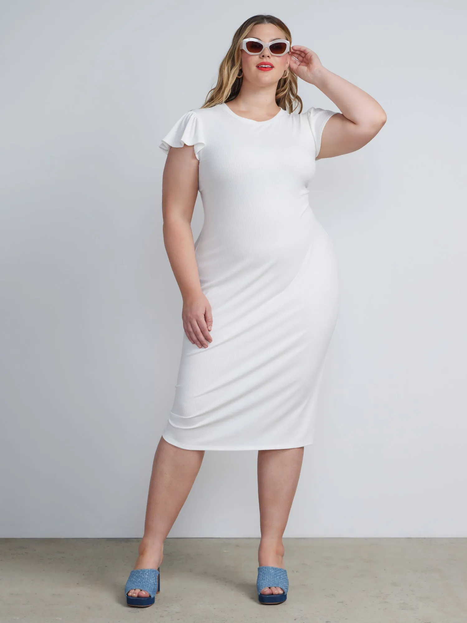 Plus Ribbed Detail Flutter Sleeve Bodycon Dress