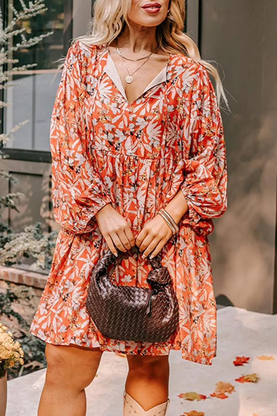 Plus Size Floral Bubble Sleeve Midi Dress