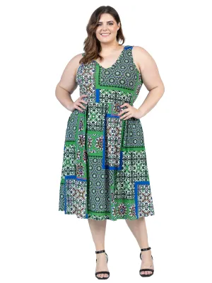 Plus Size Midi Length Green Scarf Print Sleeveless Pleated Pocket Dress