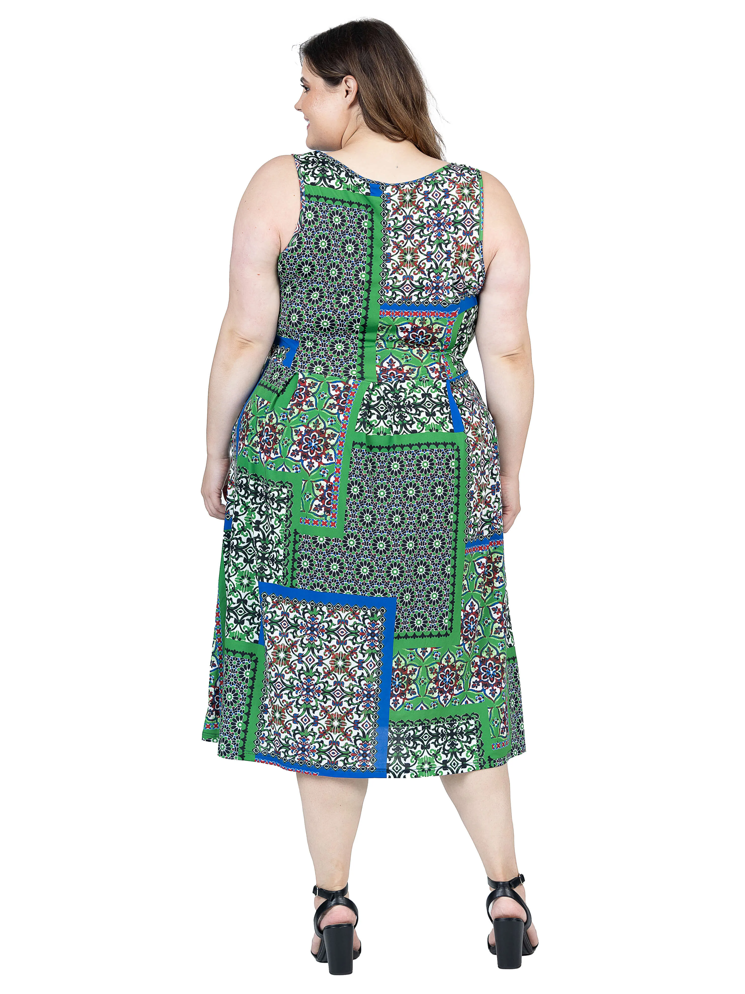 Plus Size Midi Length Green Scarf Print Sleeveless Pleated Pocket Dress