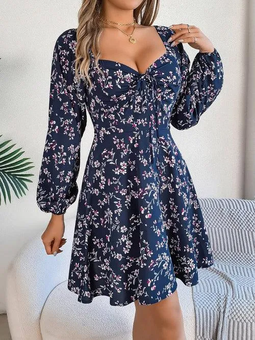 Printed Sweetheart Neck Balloon Sleeve