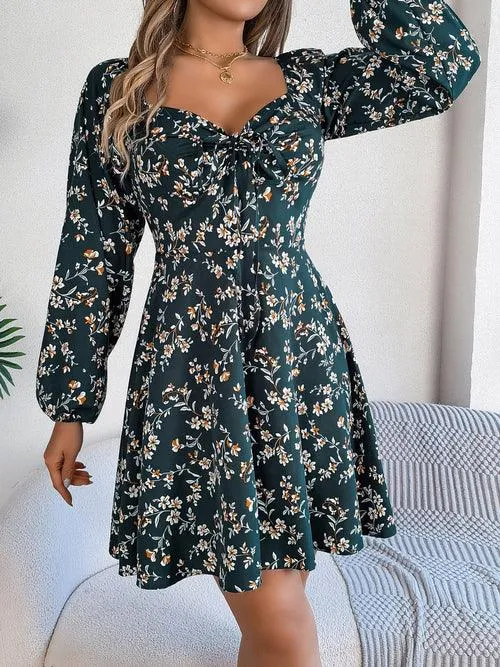 Printed Sweetheart Neck Balloon Sleeve