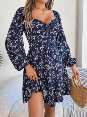 Printed Sweetheart Neck Balloon Sleeve