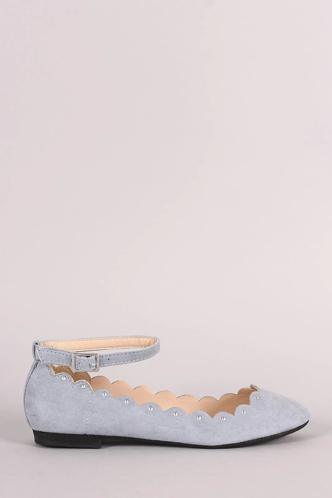 Qupid Suede Scalloped Studded Ankle Strap Ballet Flat