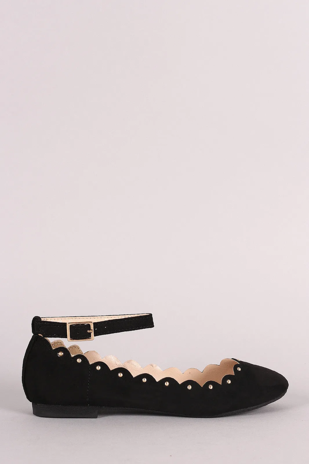 Qupid Suede Scalloped Studded Ankle Strap Ballet Flat