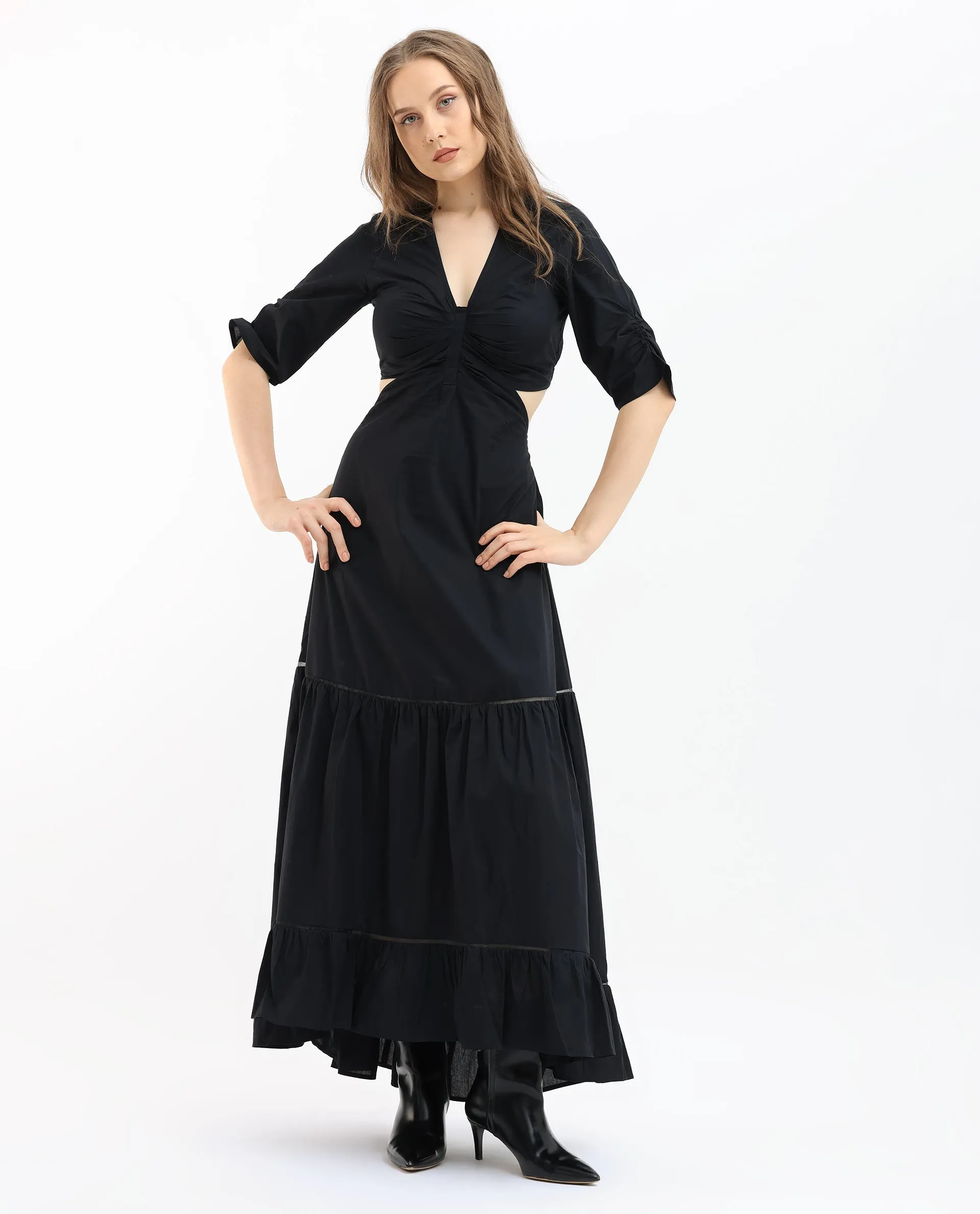 Rareism Women Lesman Black Cotton Fabric Short Sleeves V-Neck Puff Sleeve Fit And Flare Plain Maxi Dress