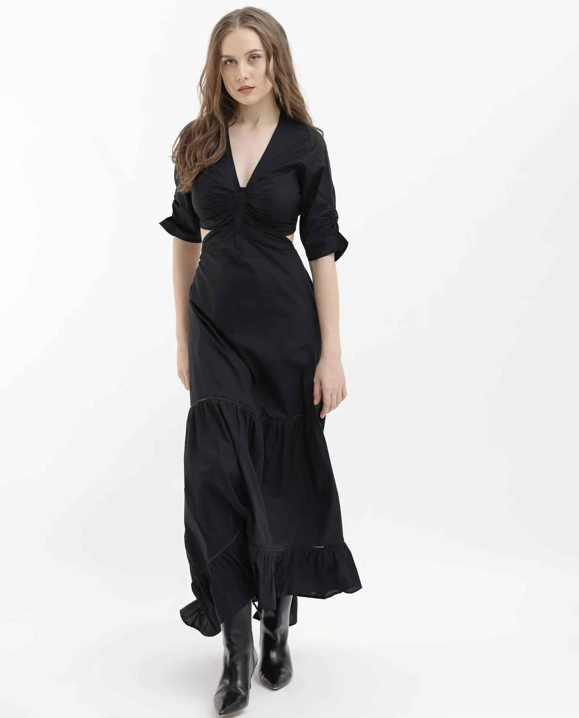 Rareism Women Lesman Black Cotton Fabric Short Sleeves V-Neck Puff Sleeve Fit And Flare Plain Maxi Dress