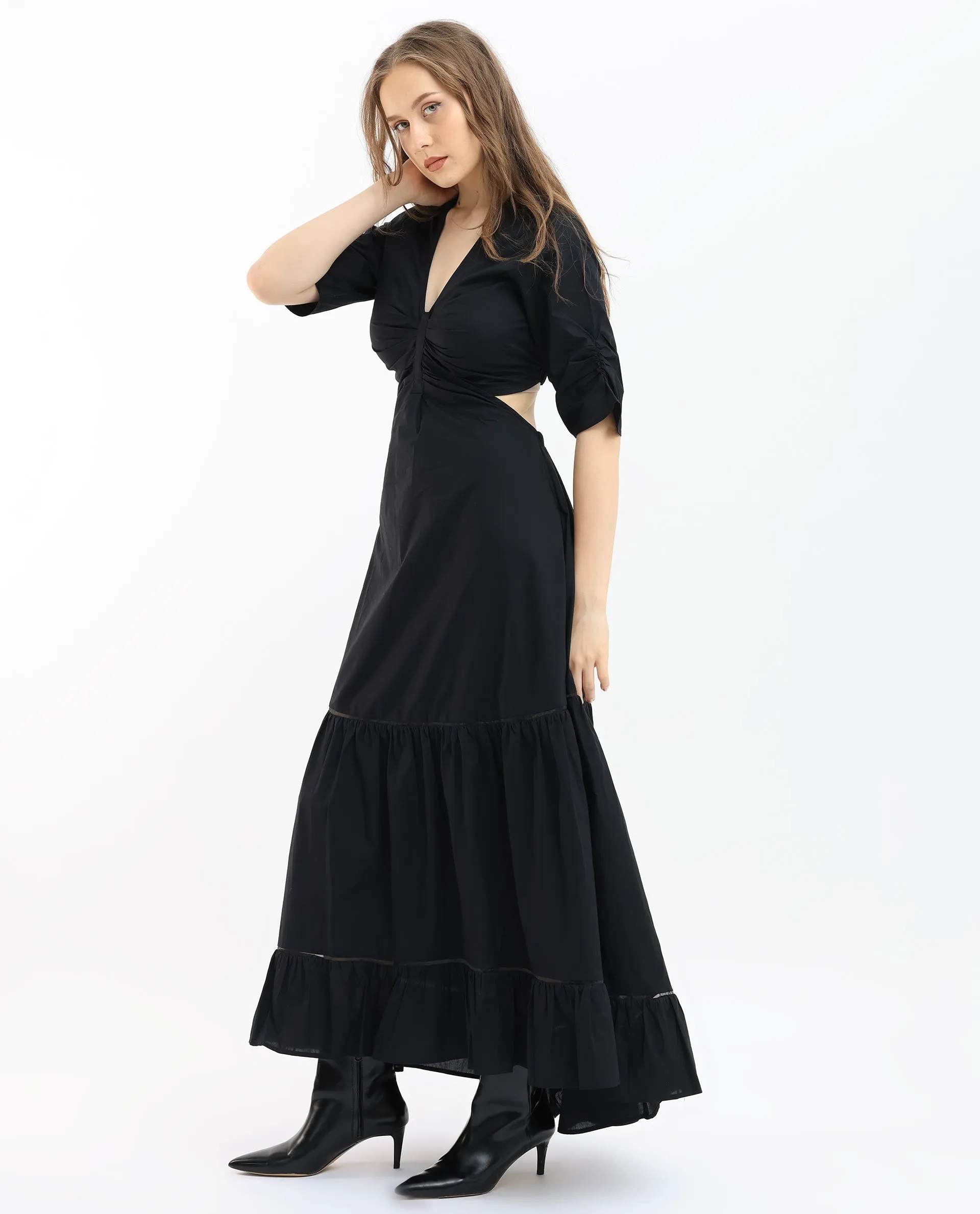 Rareism Women Lesman Black Cotton Fabric Short Sleeves V-Neck Puff Sleeve Fit And Flare Plain Maxi Dress