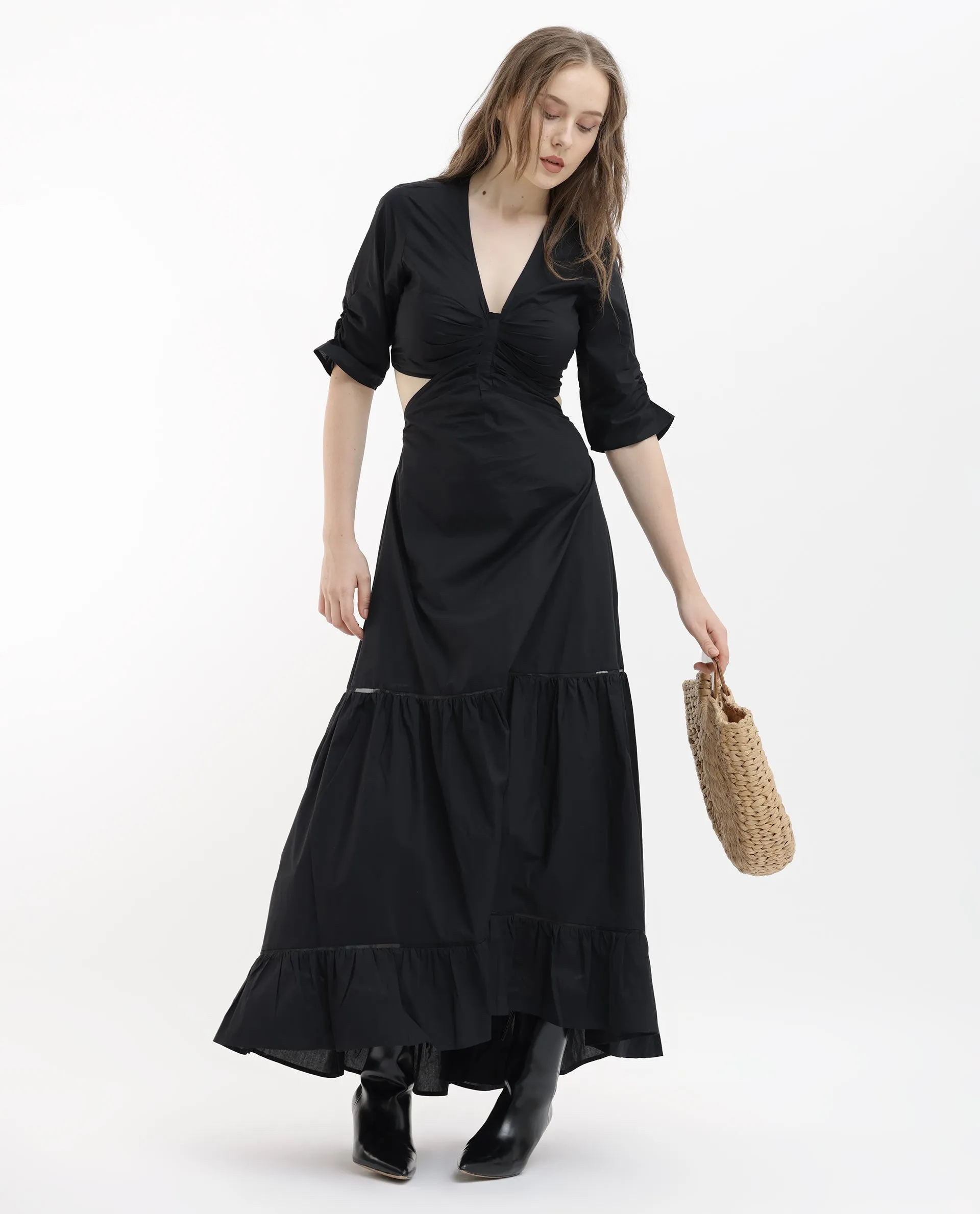 Rareism Women Lesman Black Cotton Fabric Short Sleeves V-Neck Puff Sleeve Fit And Flare Plain Maxi Dress