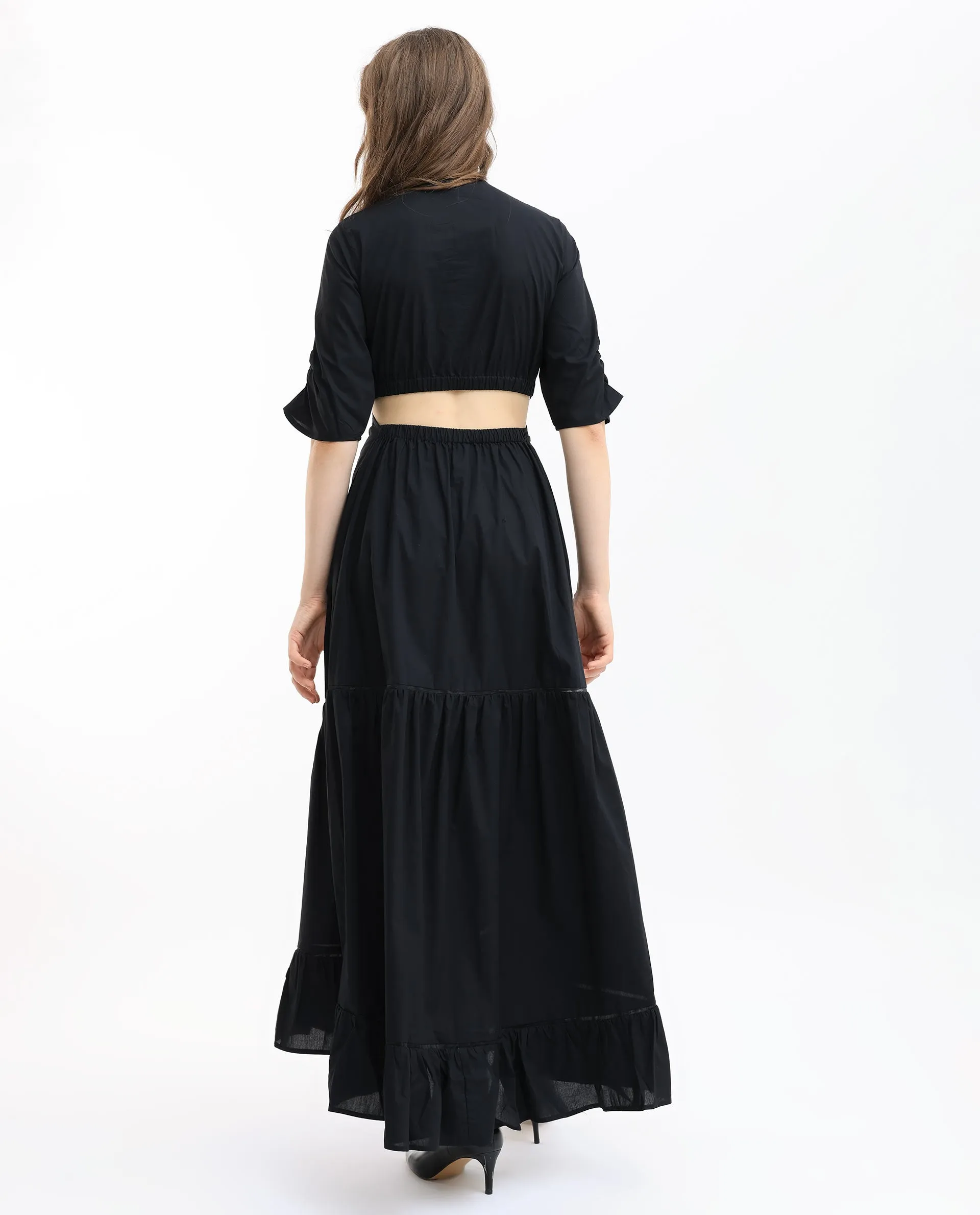 Rareism Women Lesman Black Cotton Fabric Short Sleeves V-Neck Puff Sleeve Fit And Flare Plain Maxi Dress