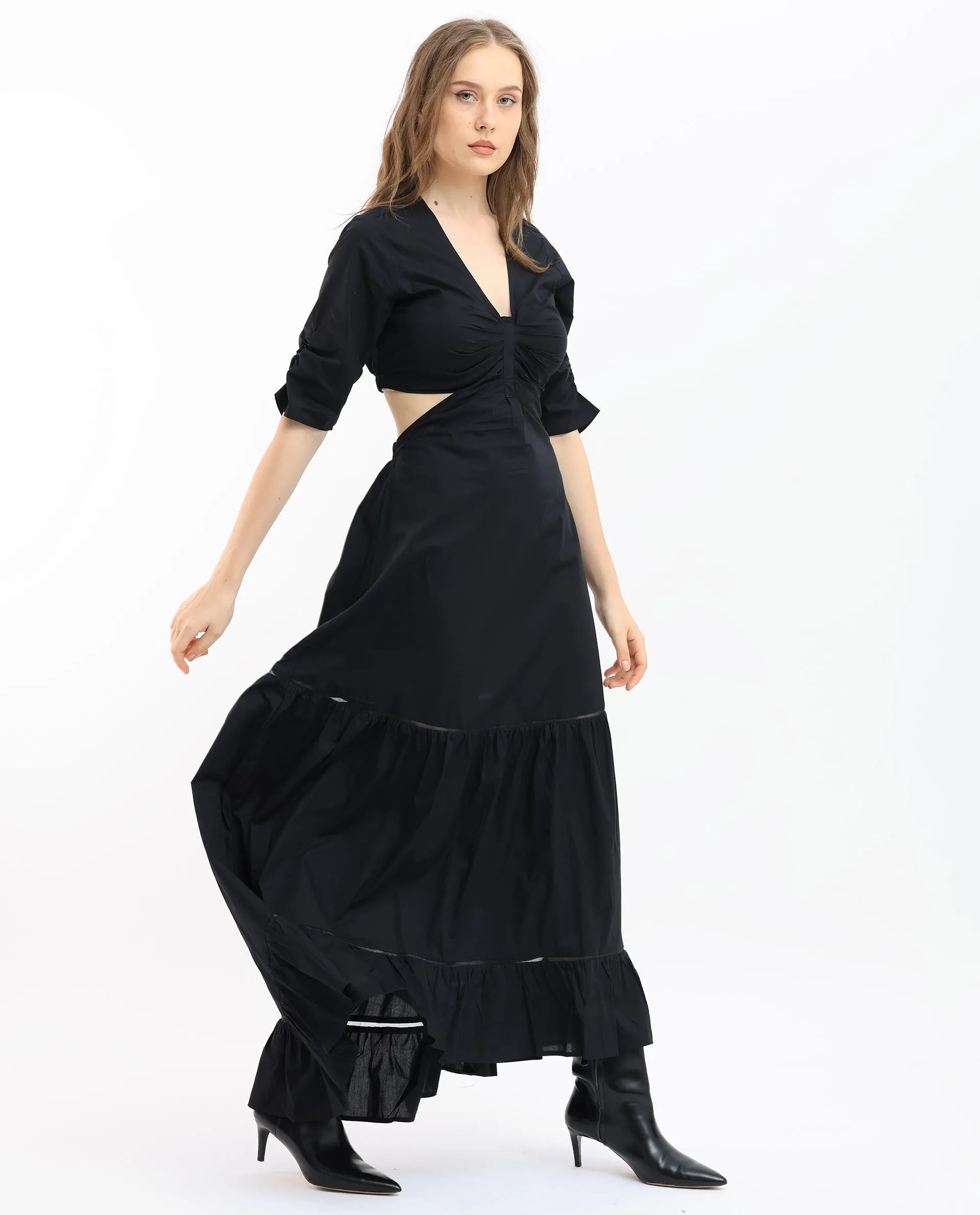 Rareism Women Lesman Black Cotton Fabric Short Sleeves V-Neck Puff Sleeve Fit And Flare Plain Maxi Dress