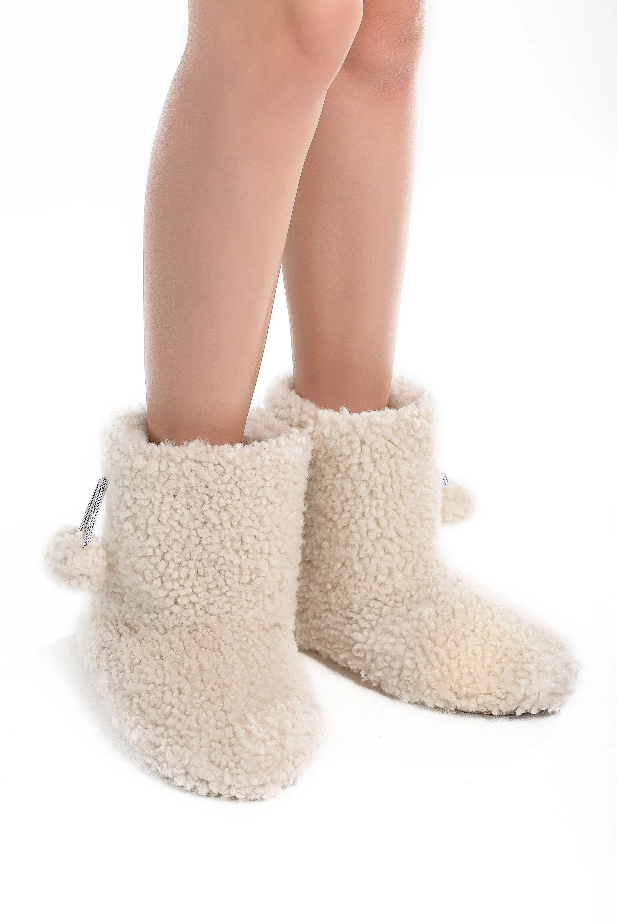 Real Womens Boucle Sheepskin Slipper Home Boots in White Color With Pom Pom