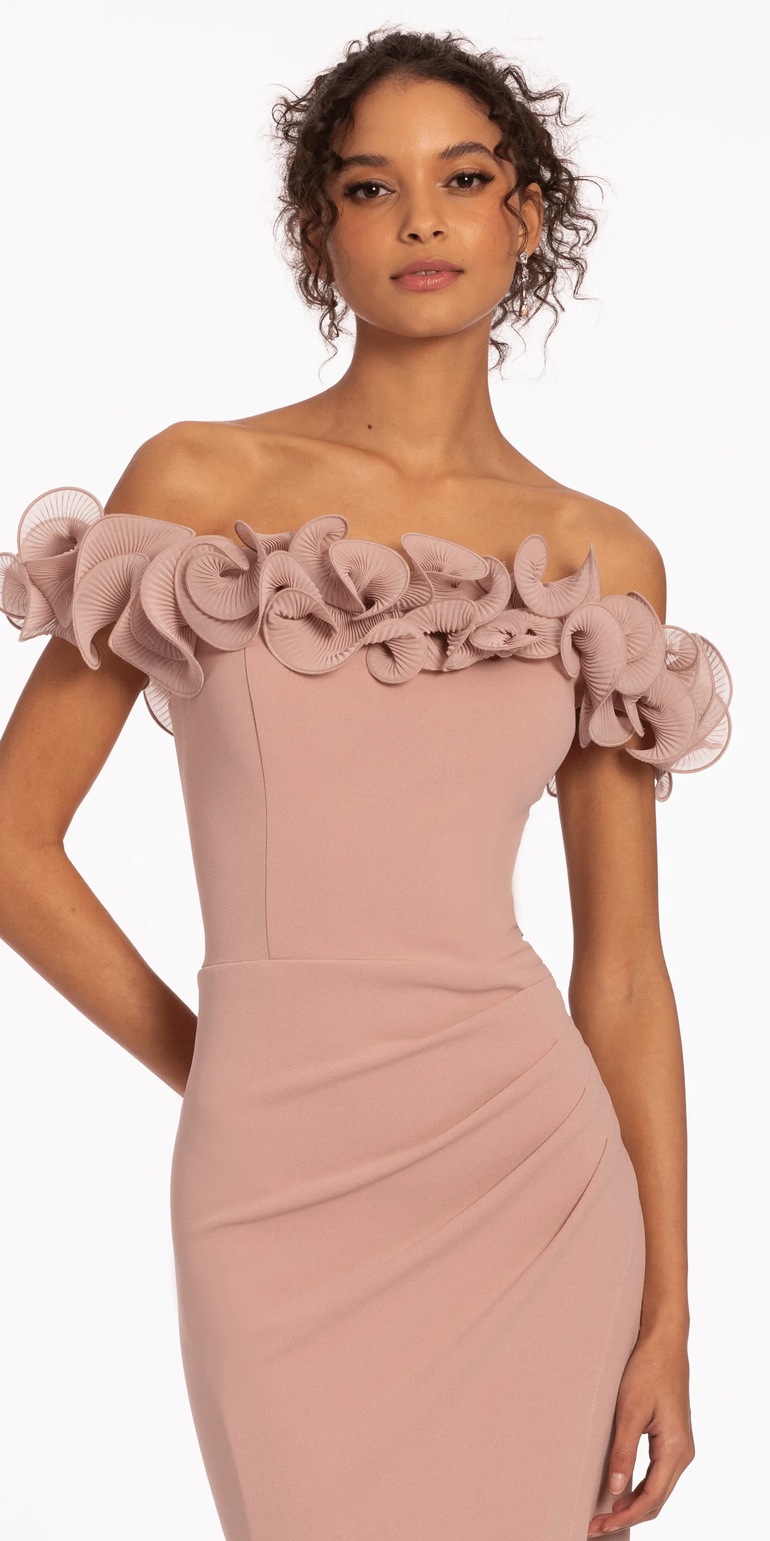 Ruffle Off the Shoulder Overlay Column Dress