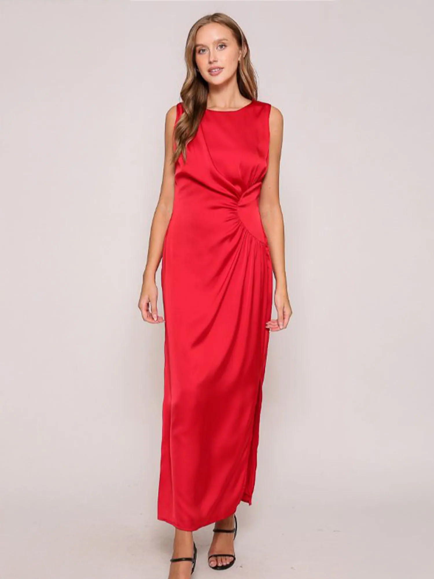 Sleeveless Satin Side Shirring Maxi Dress