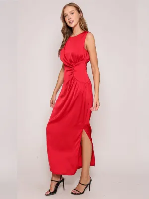 Sleeveless Satin Side Shirring Maxi Dress