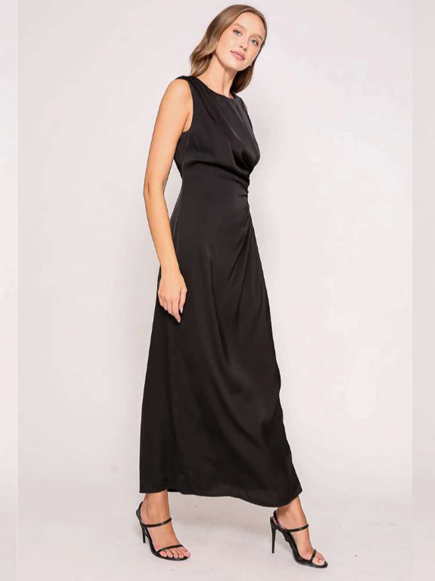 Sleeveless Satin Side Shirring Maxi Dress