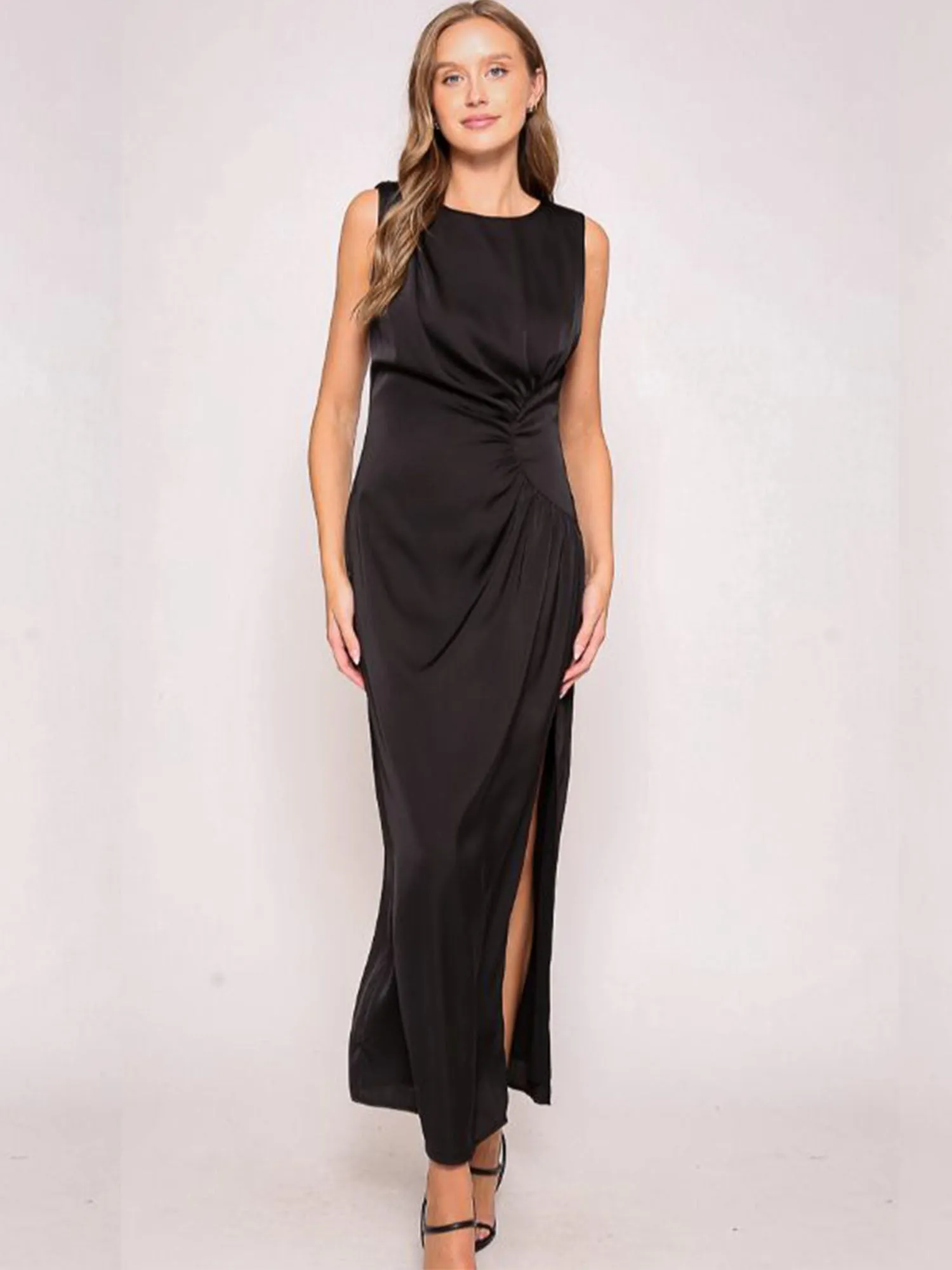 Sleeveless Satin Side Shirring Maxi Dress