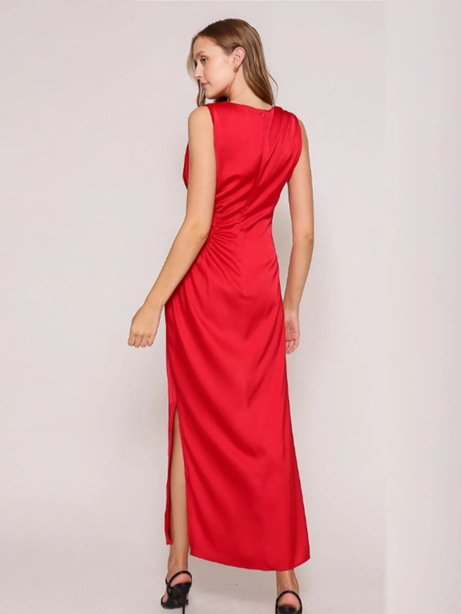 Sleeveless Satin Side Shirring Maxi Dress