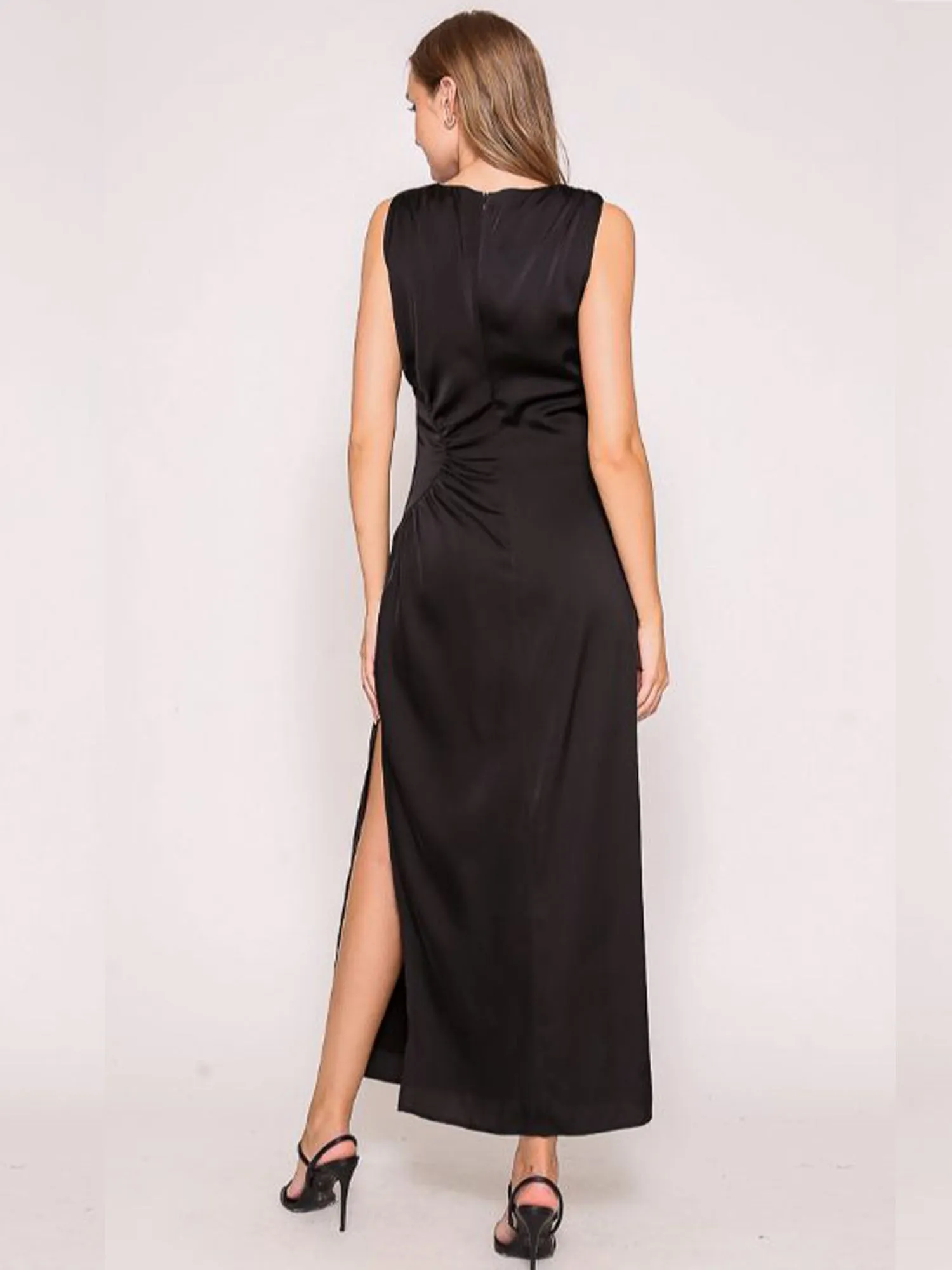 Sleeveless Satin Side Shirring Maxi Dress