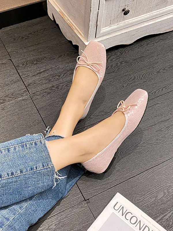 Square Toe Sequin Bow Flat Ballet Flats