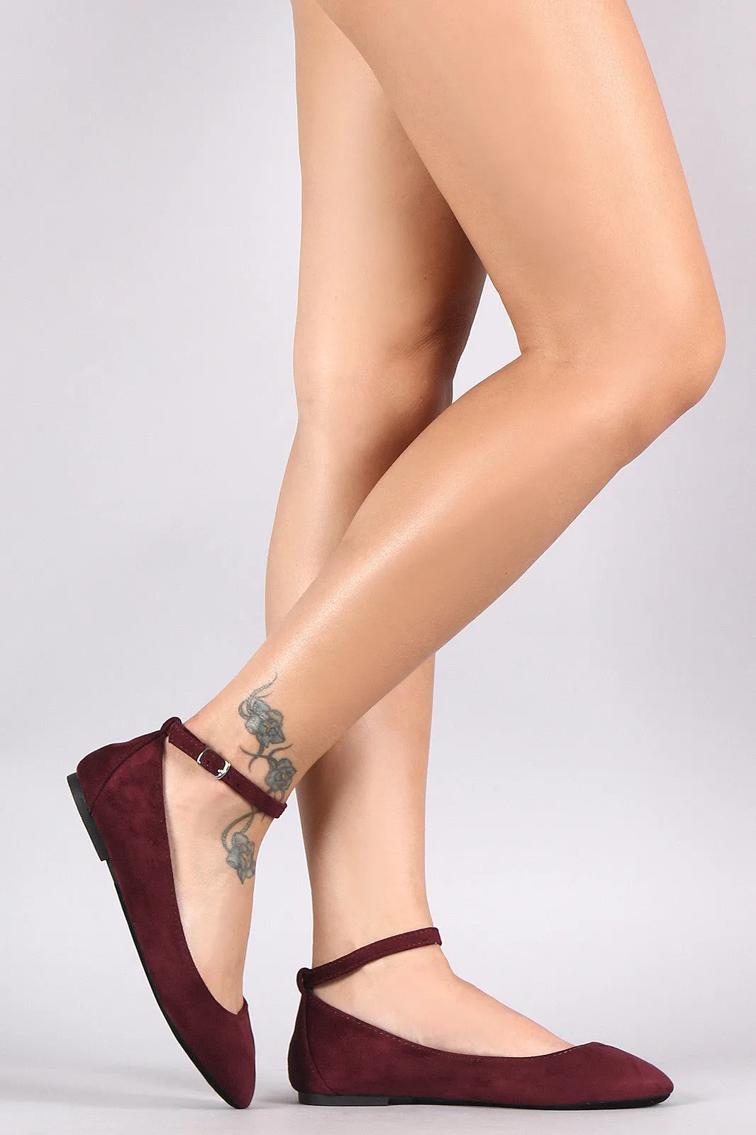 Suede Round Toe Ankle Strap Ballet Flat