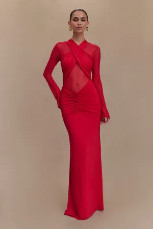 Tania Slinky And Mesh Long Sleeve Maxi Dress - Ruby